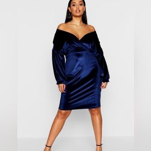Boohoo size 16 velvet blue tie waist midi dress